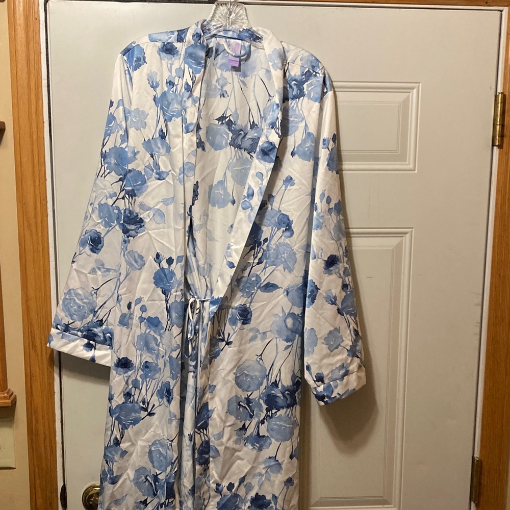 Women's Blue Floral Satiny Robe - Lightweight Sleepwear 3X